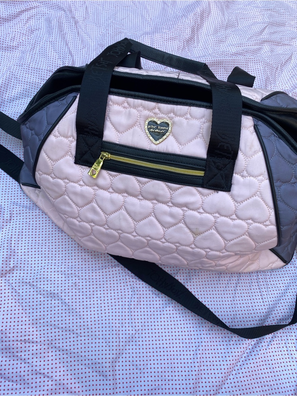 Betsey Johnson Quilted Heart-Pattern Pink & Gray Bag